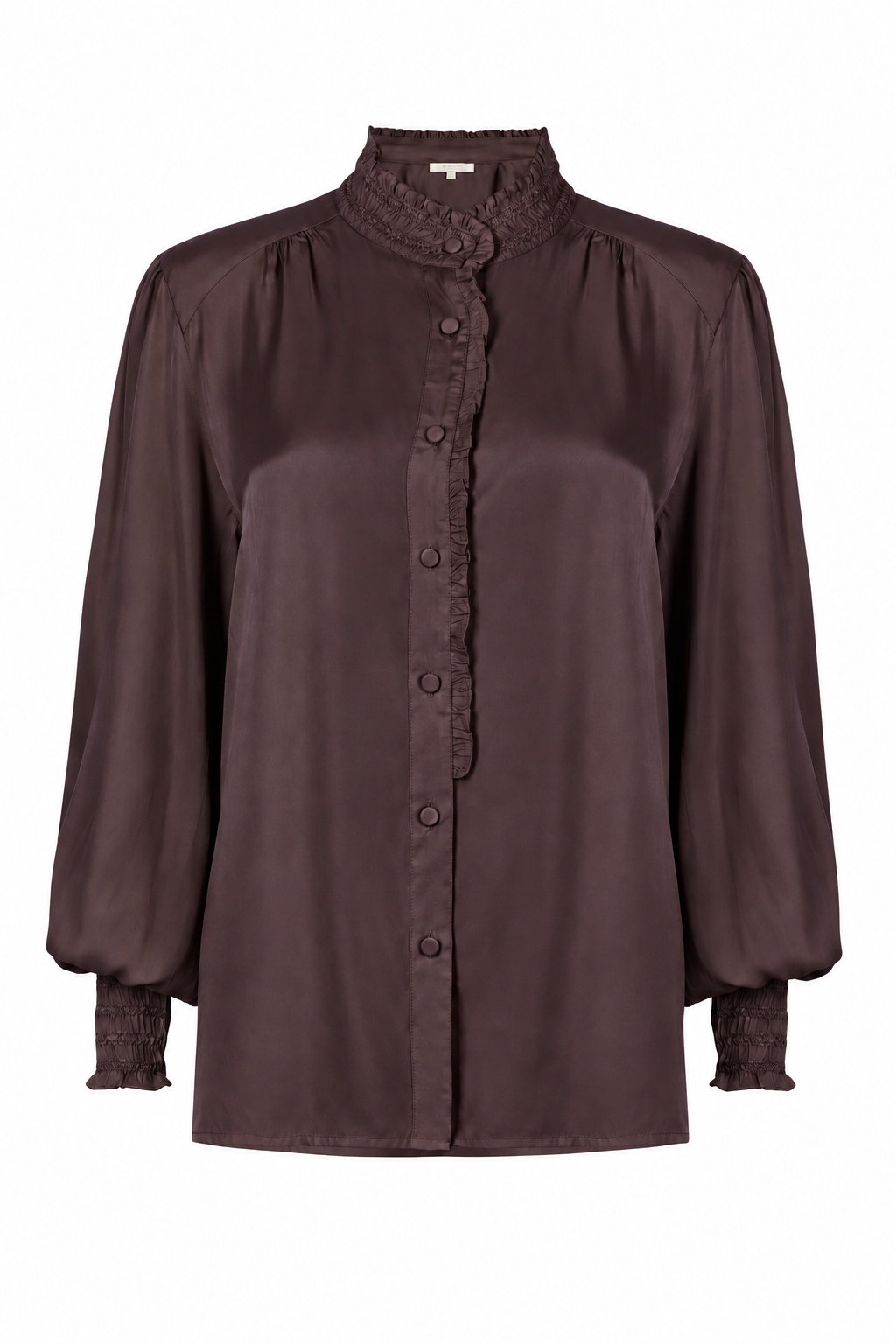 A dark brown long-sleeve blouse with a ruffled mock neck, button-up front, and gathered cuffs, shown against a plain white background.