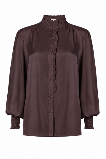 A dark brown long-sleeve blouse with a ruffled mock neck, button-up front, and gathered cuffs, shown against a plain white background.
