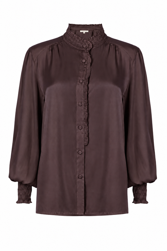 A dark brown long-sleeve blouse with a ruffled mock neck, button-up front, and gathered cuffs, shown against a plain white background.