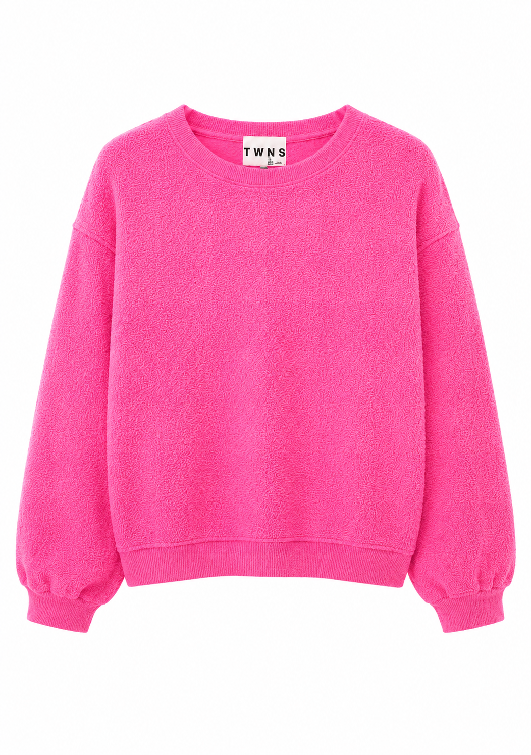 A bright pink crewneck sweatshirt with balloon sleeves, shown flat against a plain white background. The brand label inside the collar reads 'TWNS'.