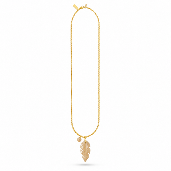 gold chain necklace with a smokey quarts stone leaf pendant on the necklace