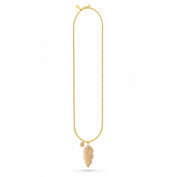 gold chain necklace with a smokey quarts stone leaf pendant on the necklace