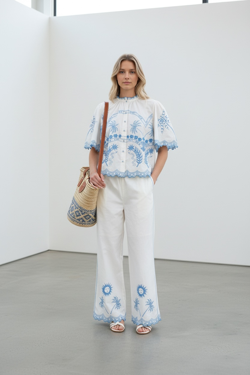 Woman wearing a white outfit with blue embroidery in a minimalistic setting