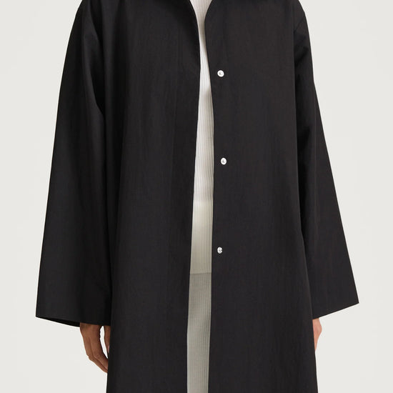 A model wearing a long black button-up coat over a white turtleneck sweater, shown from the neck down against a plain light gray studio background.