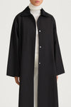 A model wearing a long black button-up coat over a white turtleneck sweater, shown from the neck down against a plain light gray studio background.