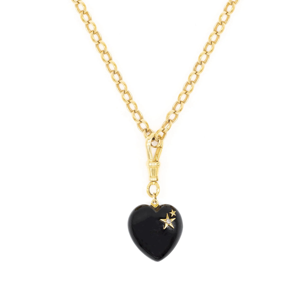 Black heart pendant with a diamond and star detail on a gold plated sterling sliver belcher chain