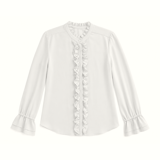 A white long-sleeve blouse with a ruffled collar and a vertical ruffle detail down the front, finished with ruffled cuffs, shown on a plain white background.