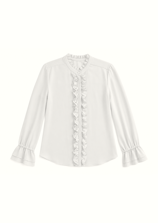 A white long-sleeve blouse with a ruffled collar and a vertical ruffle detail down the front, finished with ruffled cuffs, shown on a plain white background.
