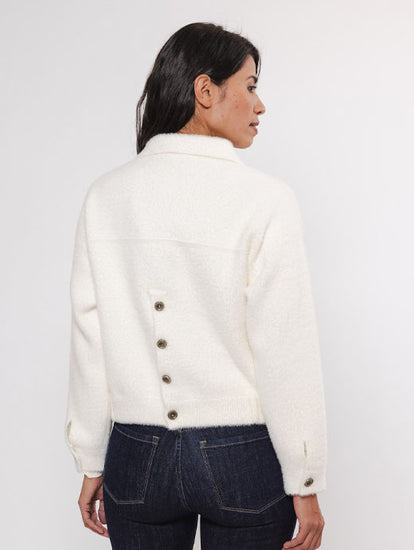 white boxy soft cardigan with classic collar and 2 front patch pockets  rear view 