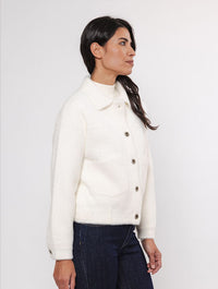 white boxy soft cardigan with classic collar and 2 front patch pockets  side view 