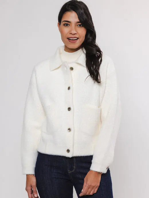 white boxy soft cardigan with classic collar and 2 front patch pockets 