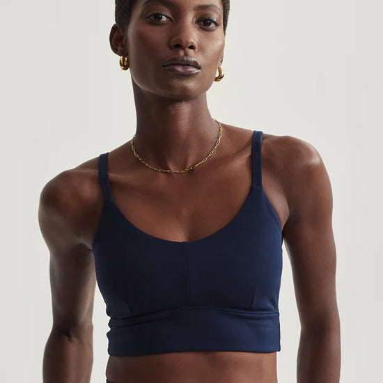 dark navy sports bra with spaghetti straps 