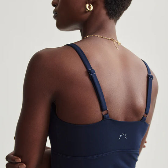 dark navy sports bra with spaghetti straps  rear view 