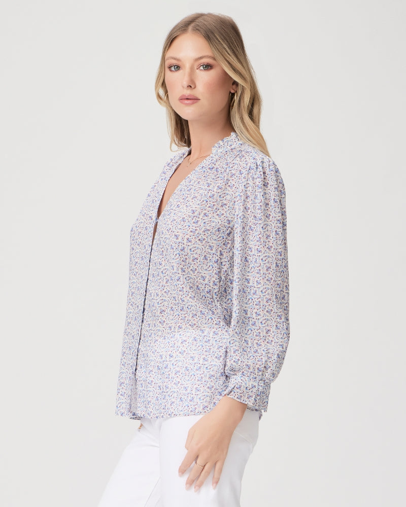 Ditsy print button through blouse in blue and cream with a touch of red and pink