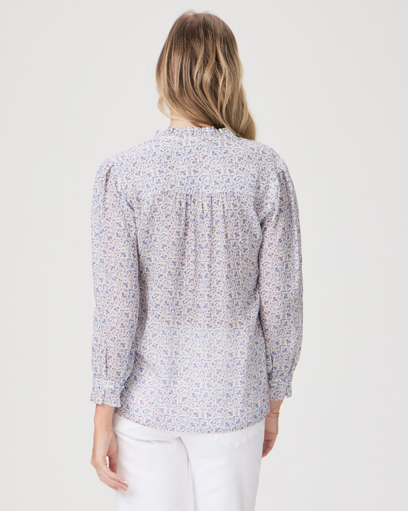 Ditsy print button through blouse in blue and cream with a touch of red and pink