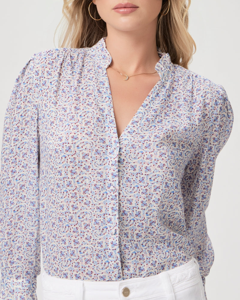 Ditsy print button through blouse in blue and cream with a touch of red and pink