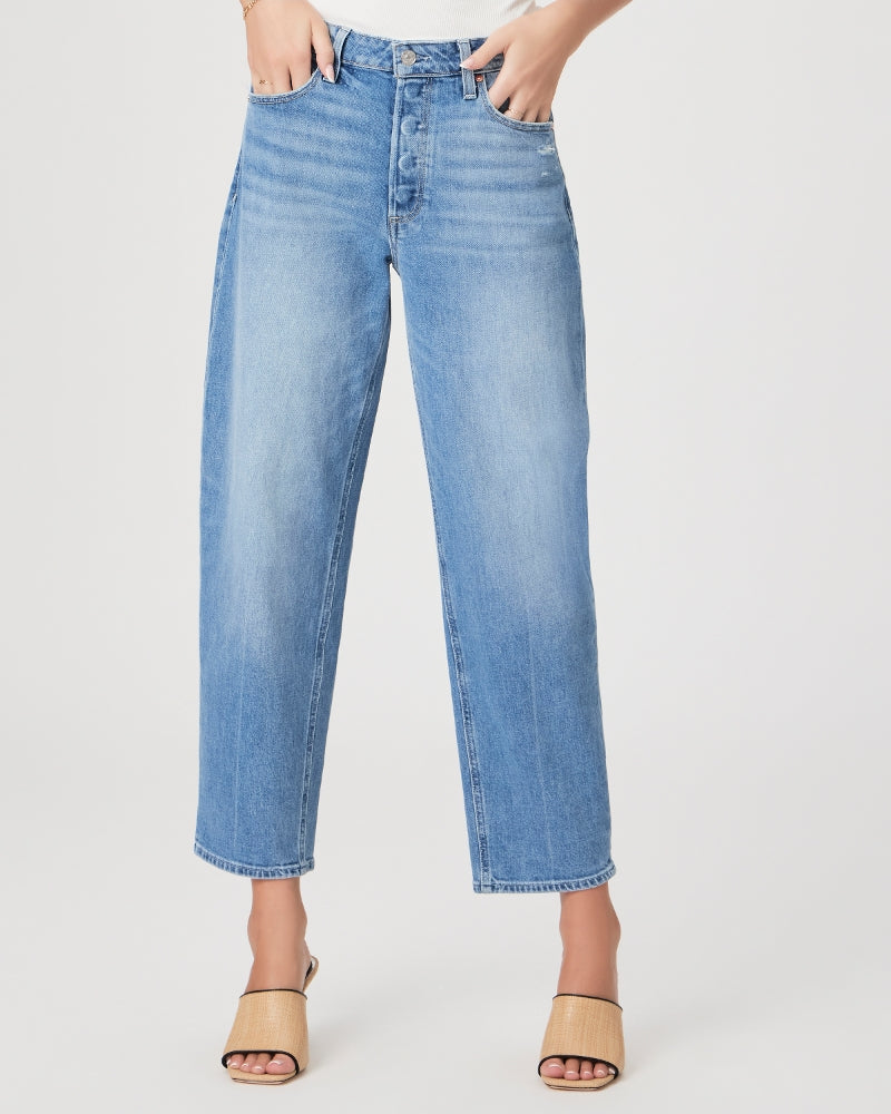 Light wash distressed barrel cropped jeans