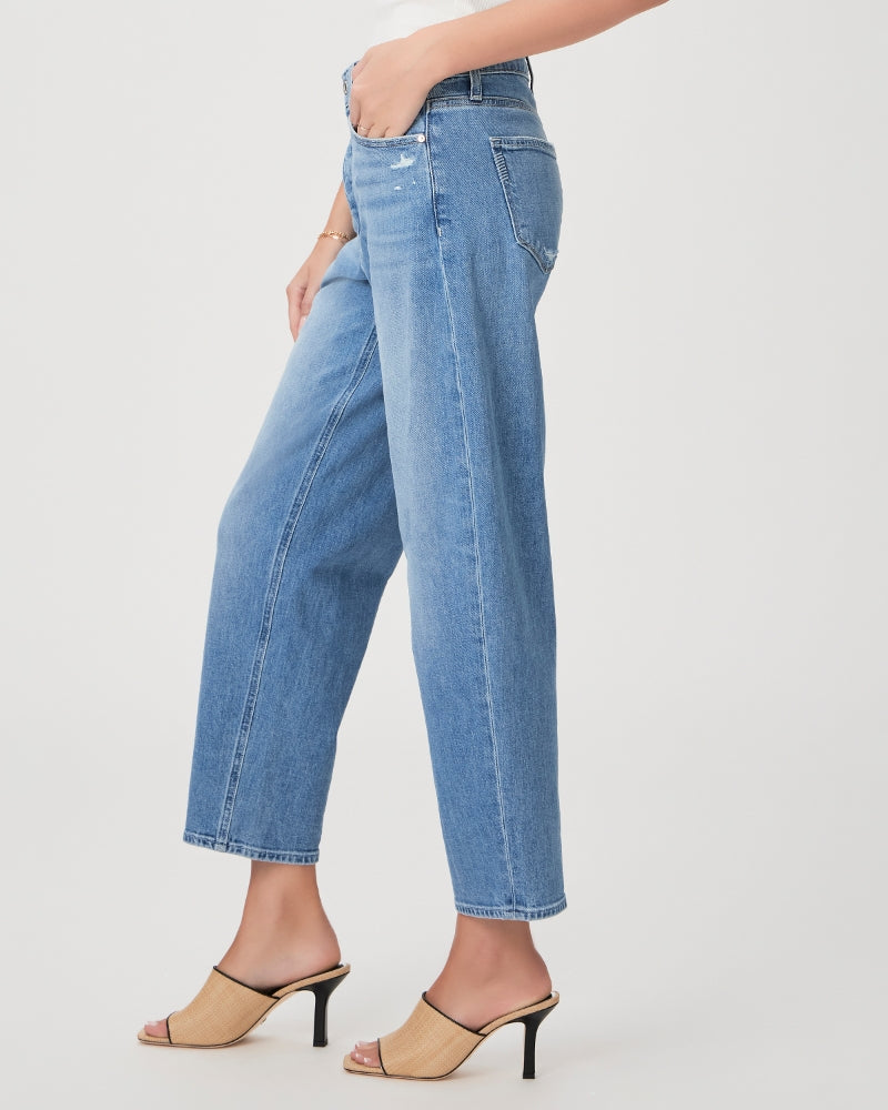 Light wash distressed barrel cropped jeans