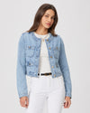 Distressed and faded denim jacket with light gold hardware front pockets and crew neckline