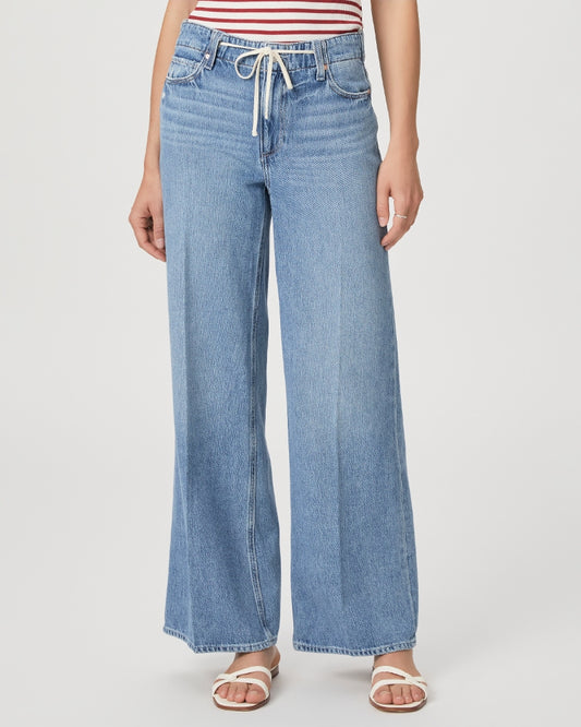 Mid to light wash blue denim wide leg jeans with drawstring cord 