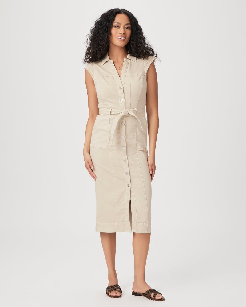 Sand midi fitted denim dress with full length button fastening classic collar and fabric self tie belt