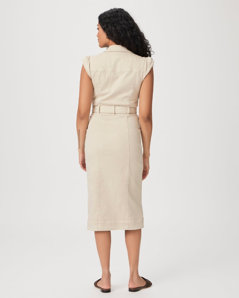 Sand midi fitted denim dress with full length button fastening classic collar and fabric self tie belt