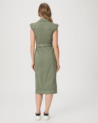 Fitted midi denim dress with button fastening capped sleeves collar and front pockets in khaki