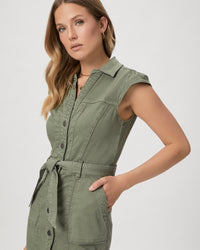 Fitted midi denim dress with button fastening capped sleeves collar and front pockets in khaki