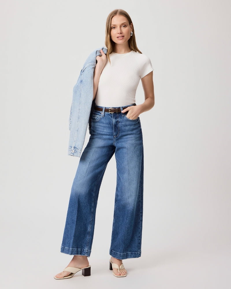 Ankle length mid wash wide leg jeans