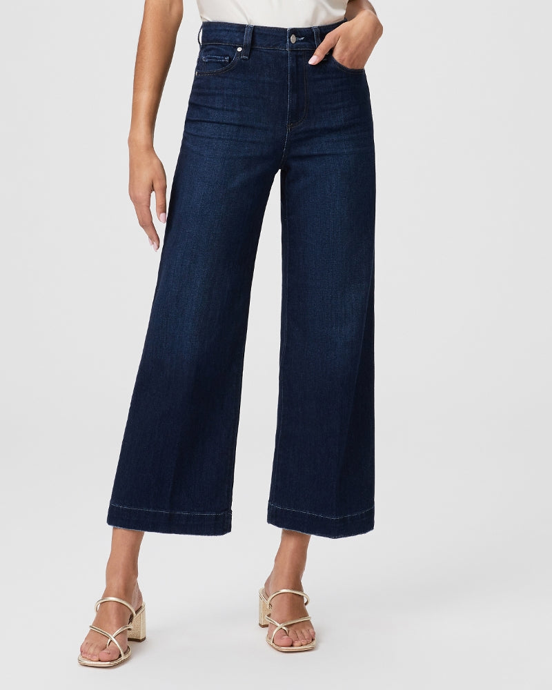 Dark wash cropped wide leg jeans with five pocket features