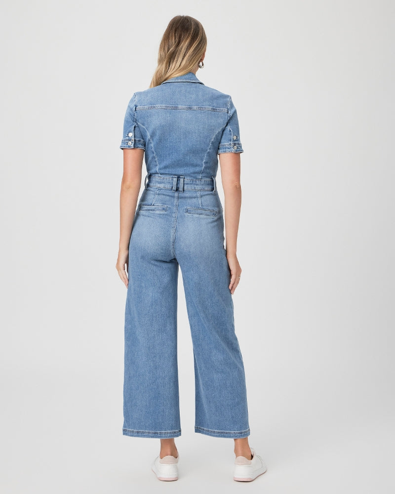 Wide crop leg denim jumpsuit with short sleeves