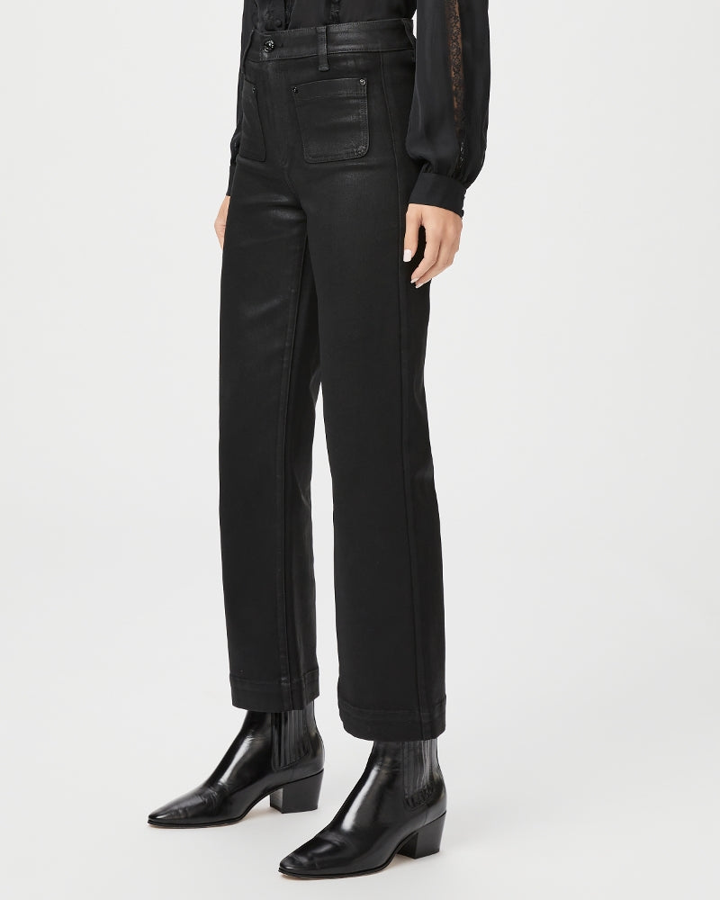 Black coated ankle length straight jeans with two front patch pockets and two rear welt pockets