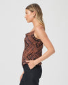 printed camisole top with pink floral design and adjustable straps side view