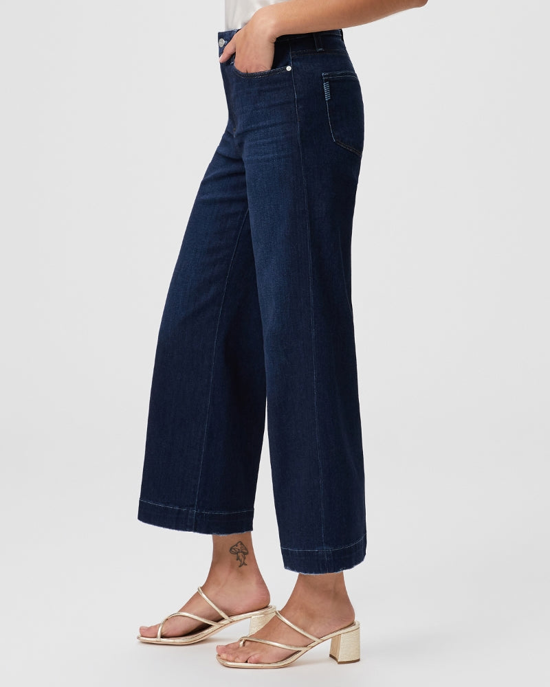 Dark wash cropped wide leg jeans with five pocket features