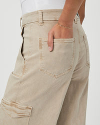 Wide leg cargo style jeans in beige rear view