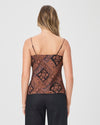 printed camisole top with pink floral design and adjustable straps rear view