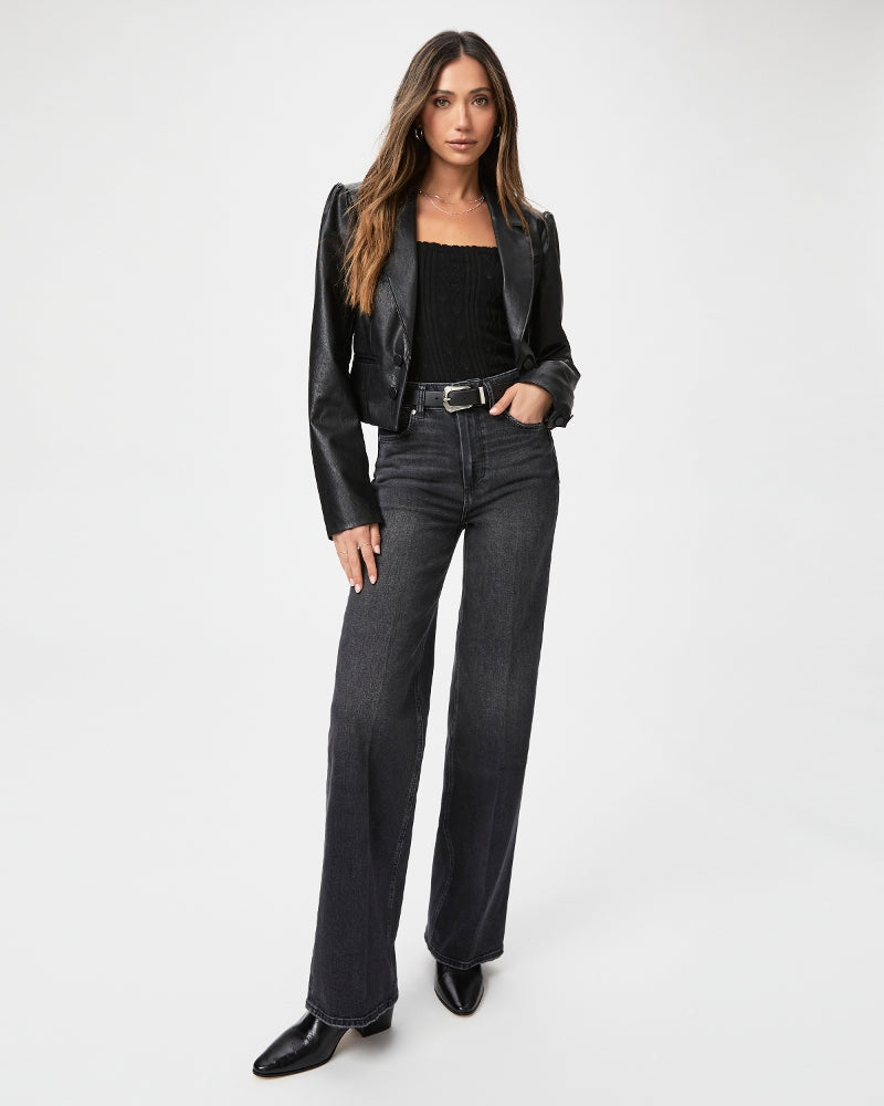 Straight wide leg black denim jeans with silver hardware and slight distressing