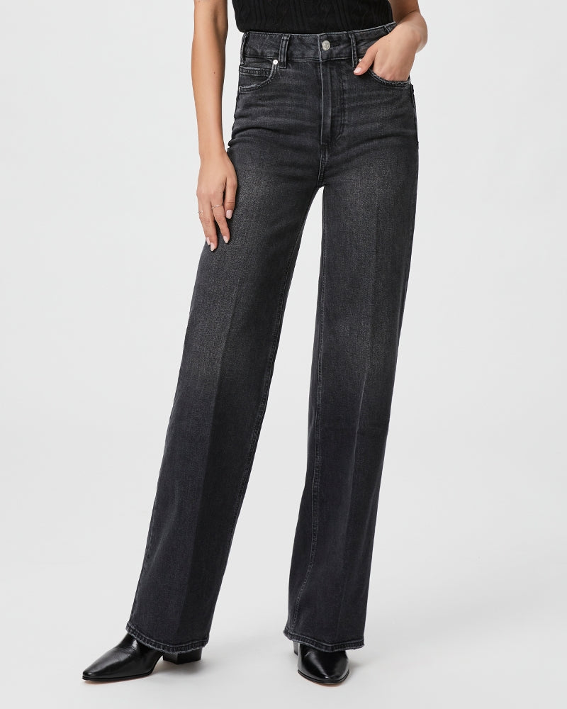 Straight wide leg black denim jeans with silver hardware and slight distressing