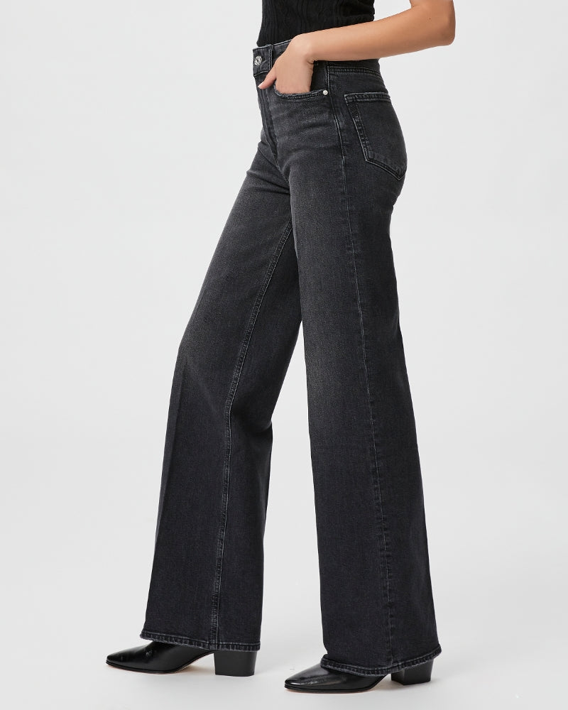 Straight wide leg black denim jeans with silver hardware and slight distressing