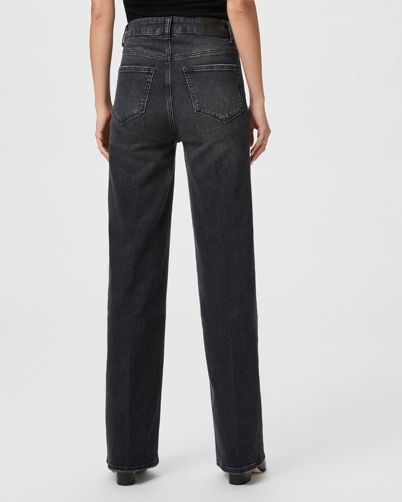 Straight wide leg black denim jeans with silver hardware and slight distressing