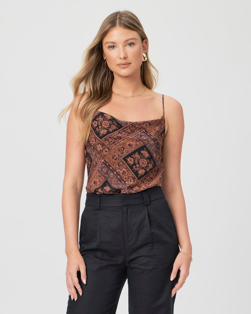 printed camisole top with pink floral design and adjustable straps