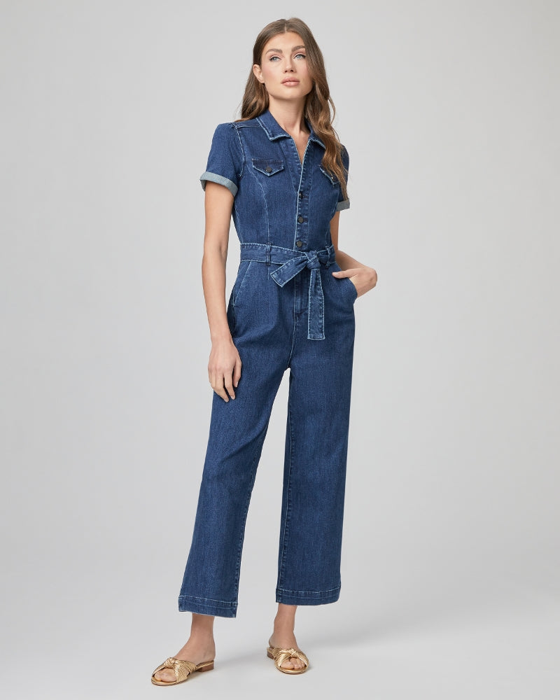 Short sleeved dark wash cropped jumpsuit with straight legs