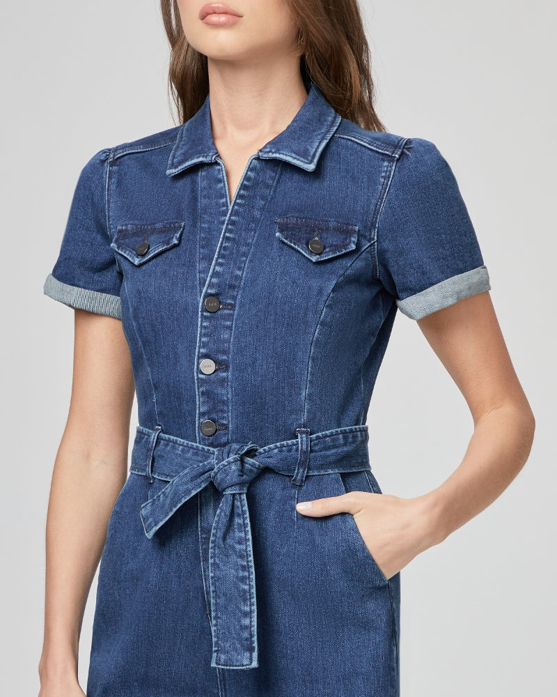 Short sleeved dark wash cropped jumpsuit with straight legs