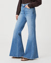 High rise flare jeans in pale wash distressed denim
