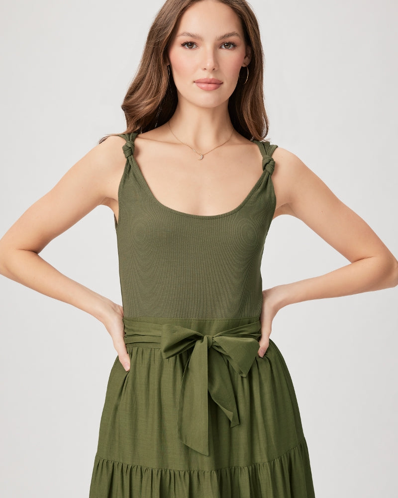 Khaki green summer dress with scoop neckline and tiered midi length skirt
