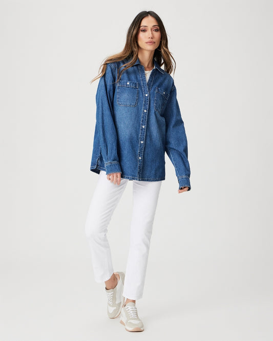 Linen and cotton blend denim shirt with push stud fastening