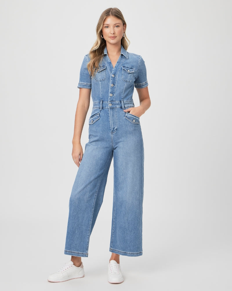 Wide crop leg denim jumpsuit with short sleeves