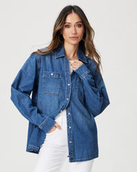 Linen and cotton blend denim shirt with push stud fastening