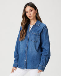 Linen and cotton blend denim shirt with push stud fastening