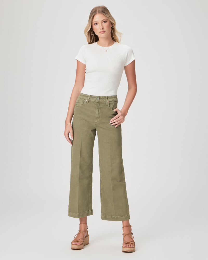 Slightly faded khaki cropped straight leg jeans with classic five pocket design